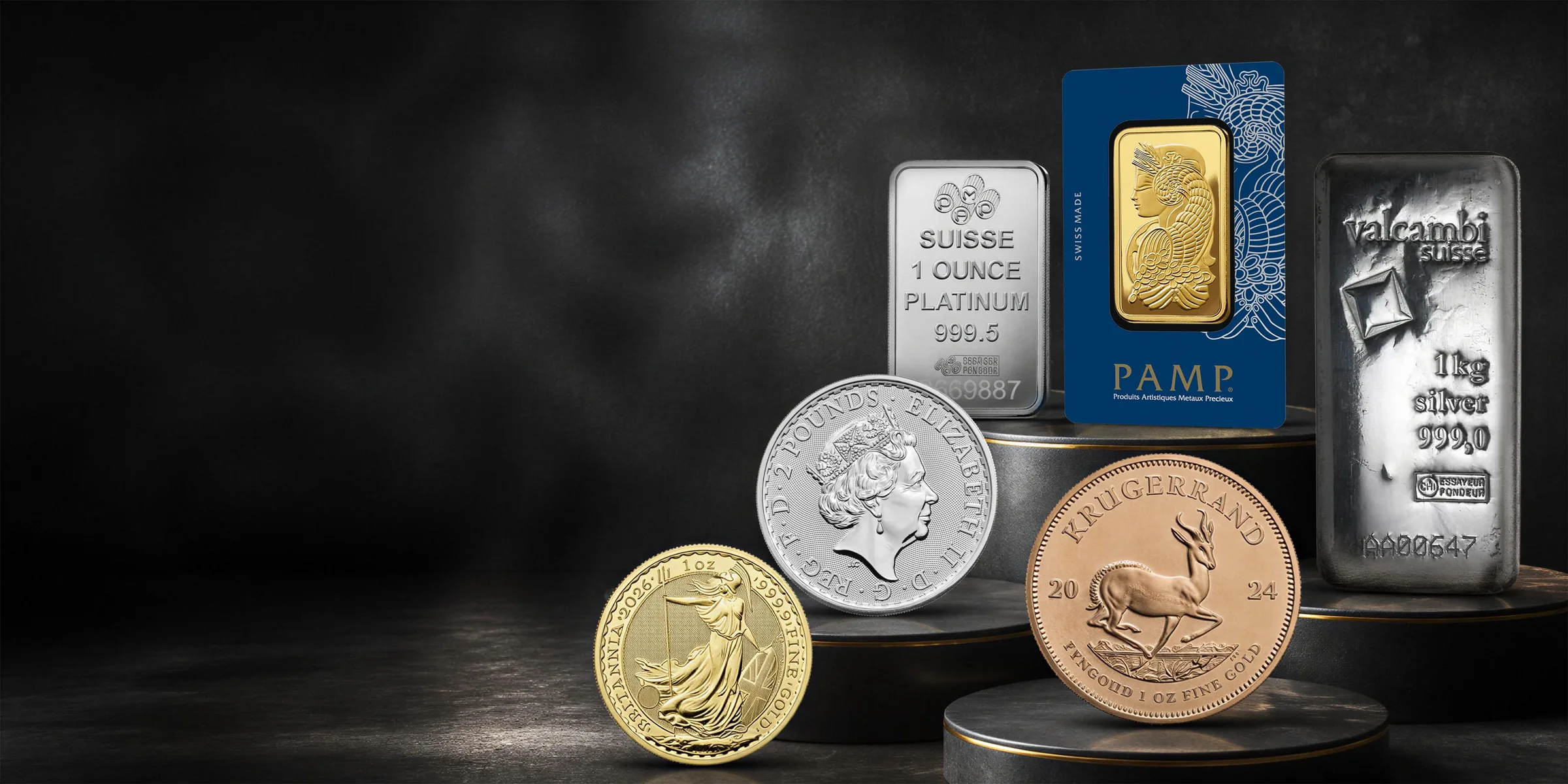 Gold, silver and platinum bullion — Britannia and Krugerrand coins with PAMP, Valcambi and platinum bars